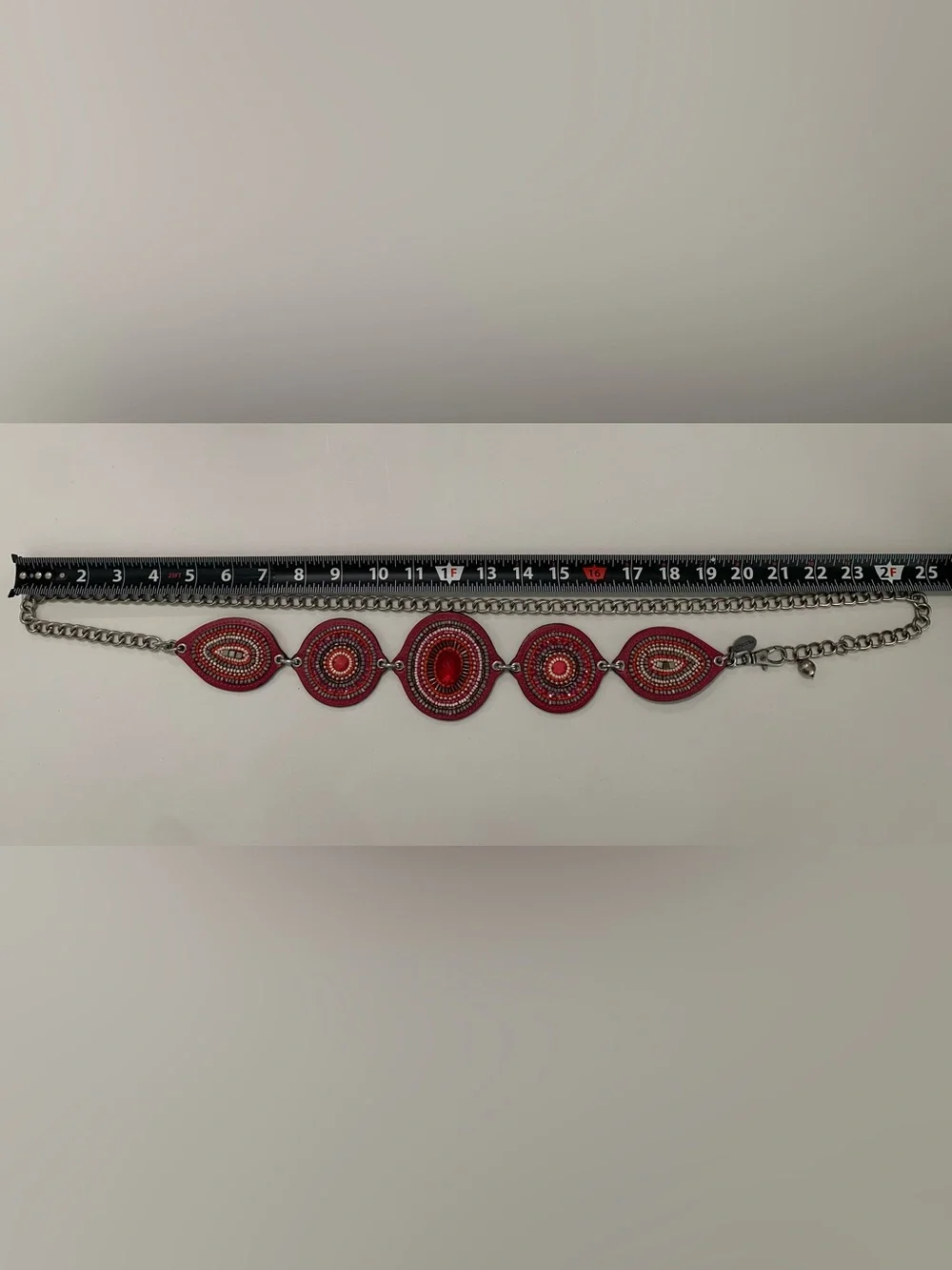 Chico's Ibiza Pink Red Leather Beaded Medallion Silver Tone Chain Belt Boho 50”